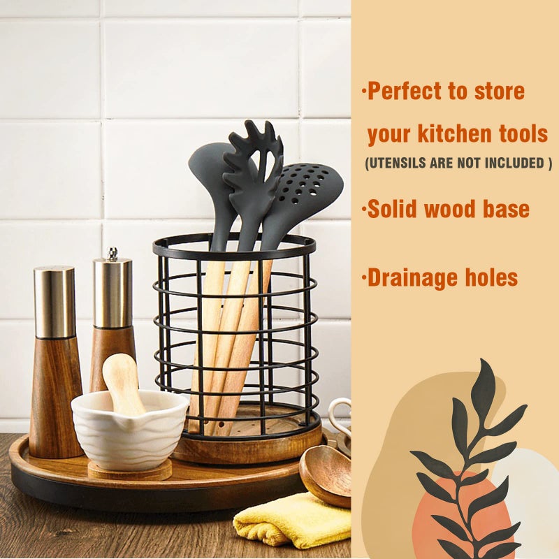 WILDMOS Utensil Holder for Kitchen Counter Black Wire with Wooden Base Countertop Utensil Holder  Large Wooden Cooking Utensil Holder  Kitchen Utensil Organizer. - Image 3