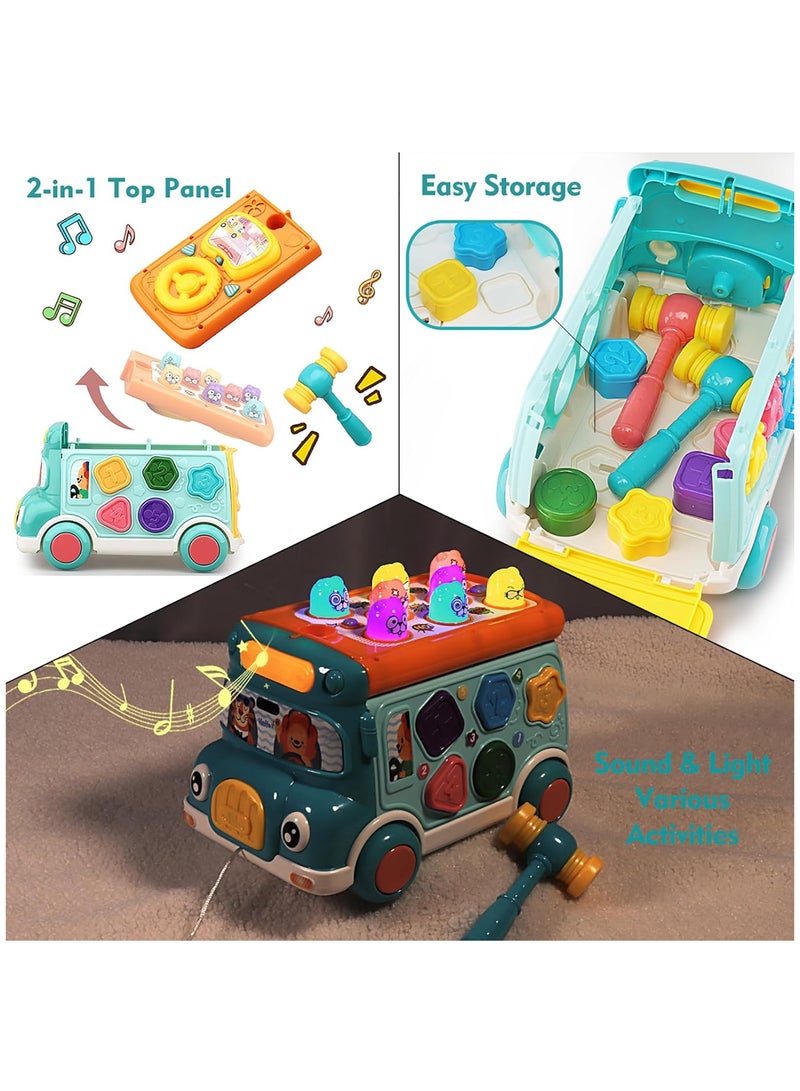 TFIXOL Push Pull Bus Toy, Baby Musical Learning Toys with Sound & Light, Whack-a-Mole Game, Shape Matching, Gear, Toy Clock, Activity Bus Toy Early Education Gift for Toddler Boys Girls - Image 3