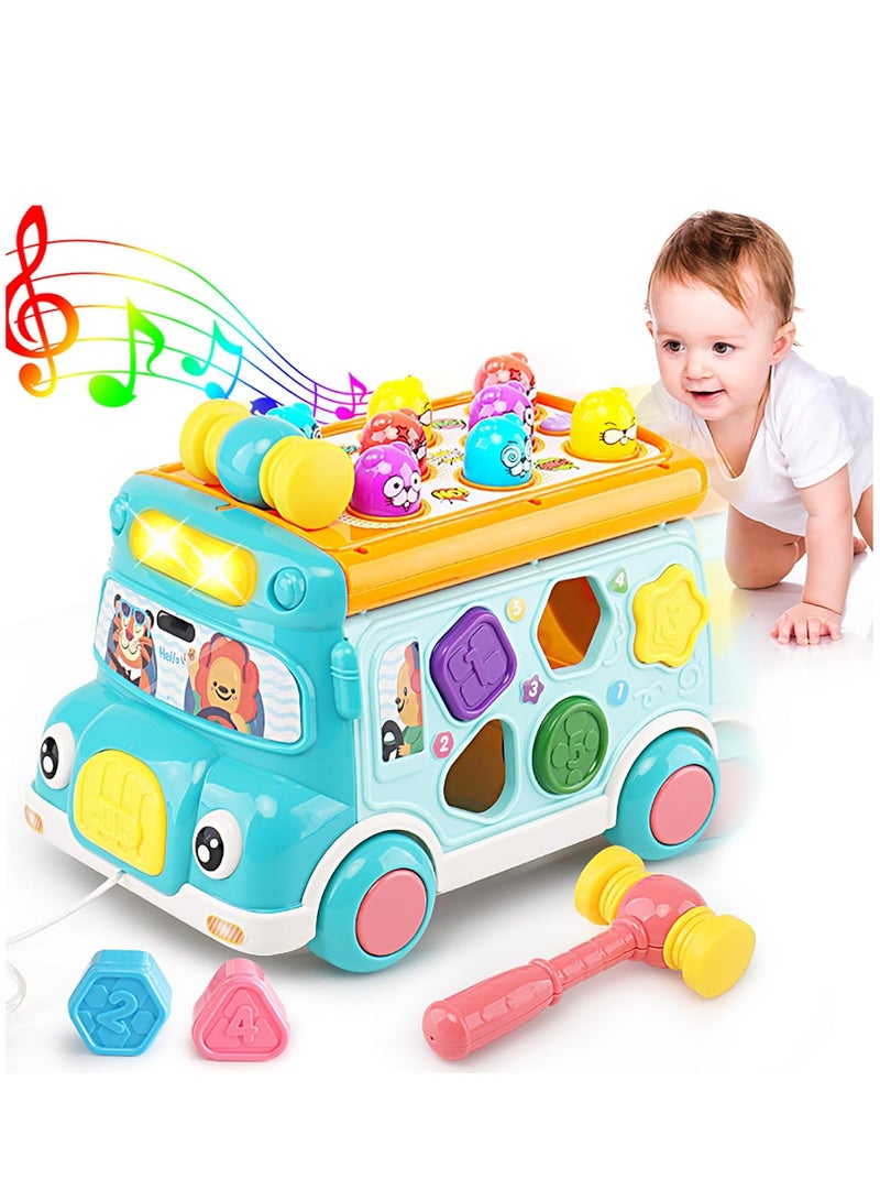 TFIXOL Push Pull Bus Toy, Baby Musical Learning Toys with Sound & Light, Whack-a-Mole Game, Shape Matching, Gear, Toy Clock, Activity Bus Toy Early Education Gift for Toddler Boys Girls - Image 1