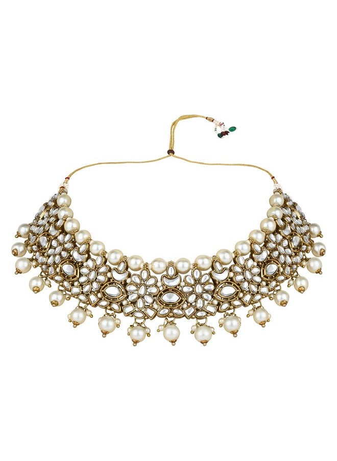 I Jewels I Jewels Gold Plated Traditional Floral Kundan Pearl Choker Necklace Jewelry Earrings & Maang tikka Set For Women/Girls (white)  - Image 3