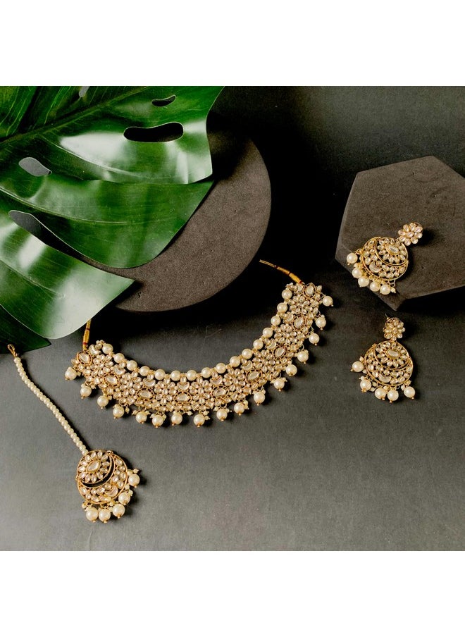 I Jewels I Jewels Gold Plated Traditional Floral Kundan Pearl Choker Necklace Jewelry Earrings & Maang tikka Set For Women/Girls (white)  - Image 2