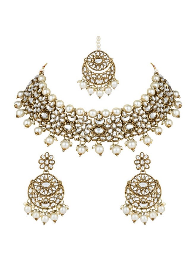 I Jewels I Jewels Gold Plated Traditional Floral Kundan Pearl Choker Necklace Jewelry Earrings & Maang tikka Set For Women/Girls (white)  - Image 1