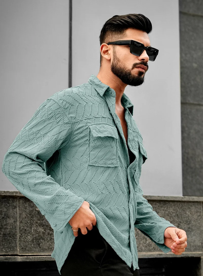 مانياك Maniac Mens Creased Solid Collared Neck Full Sleeve Hunter Green Cotton Shirt