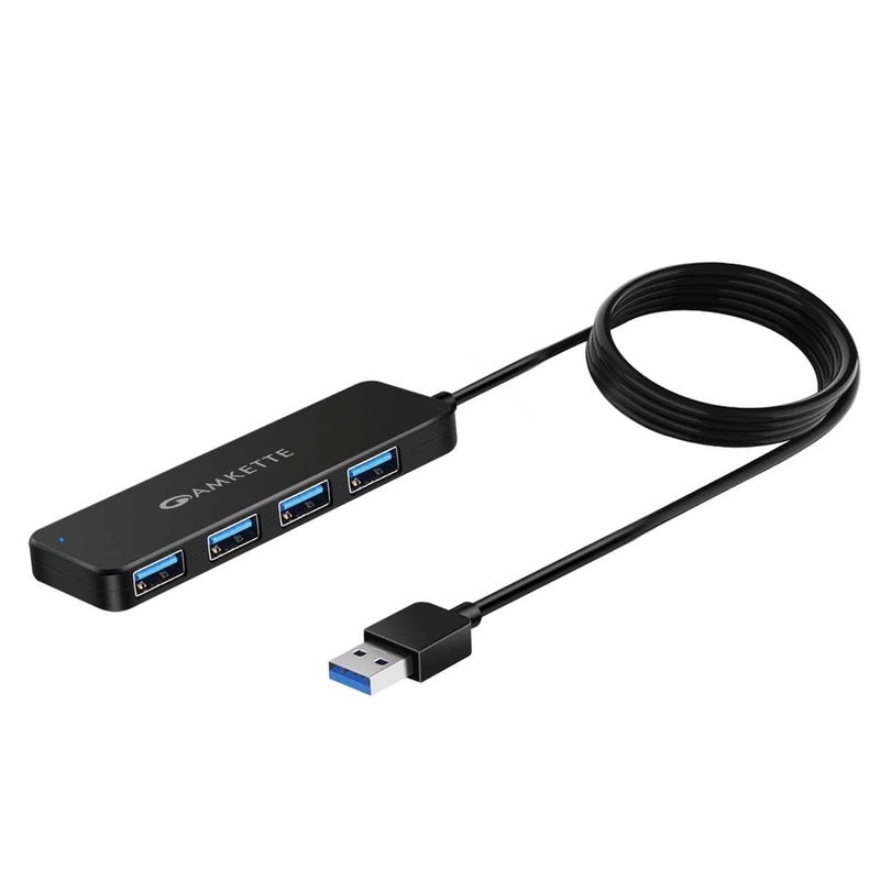 Amkette محور USB فائق السرعة 4 منافذ 3.0 لأجهزة الكمبيوتر/اللاب توب، محور بيانات محمول مع نقل بيانات عالي السرعة يصل إلى 5 جيجابت في الثانية، وظيفة الشحن | قوي ومتين، منفذ طاقة وكابل بطول 80 سم (أسود) - Image 1