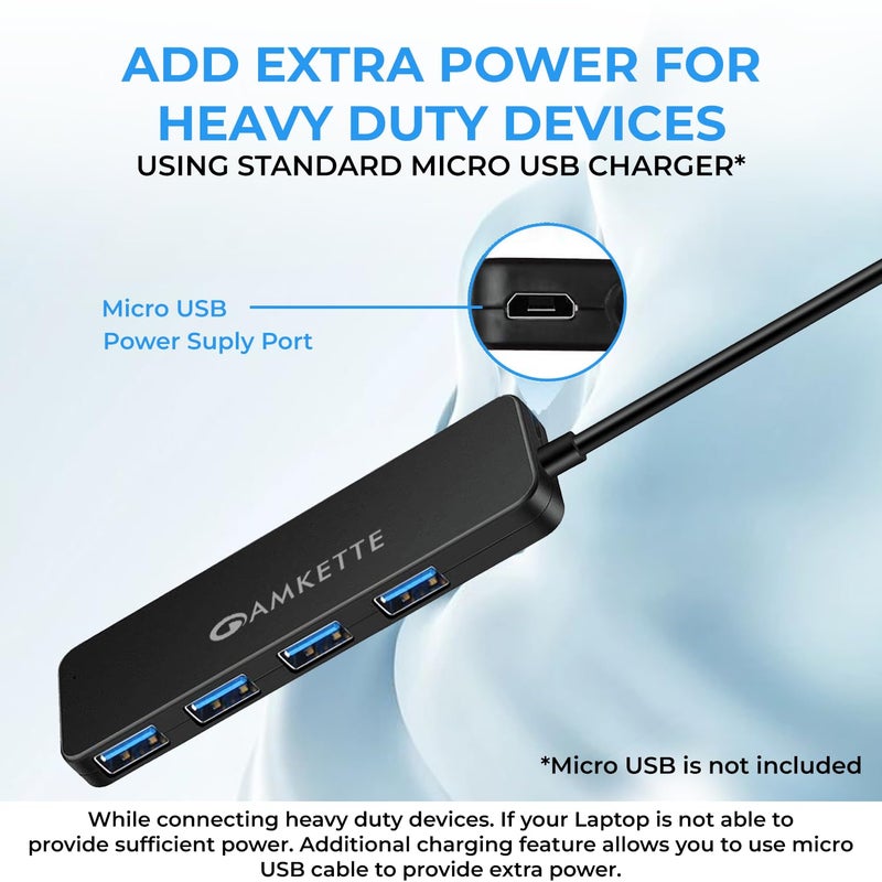 Amkette محور USB فائق السرعة 4 منافذ 3.0 لأجهزة الكمبيوتر/اللاب توب، محور بيانات محمول مع نقل بيانات عالي السرعة يصل إلى 5 جيجابت في الثانية، وظيفة الشحن | قوي ومتين، منفذ طاقة وكابل بطول 80 سم (أسود) - Image 4