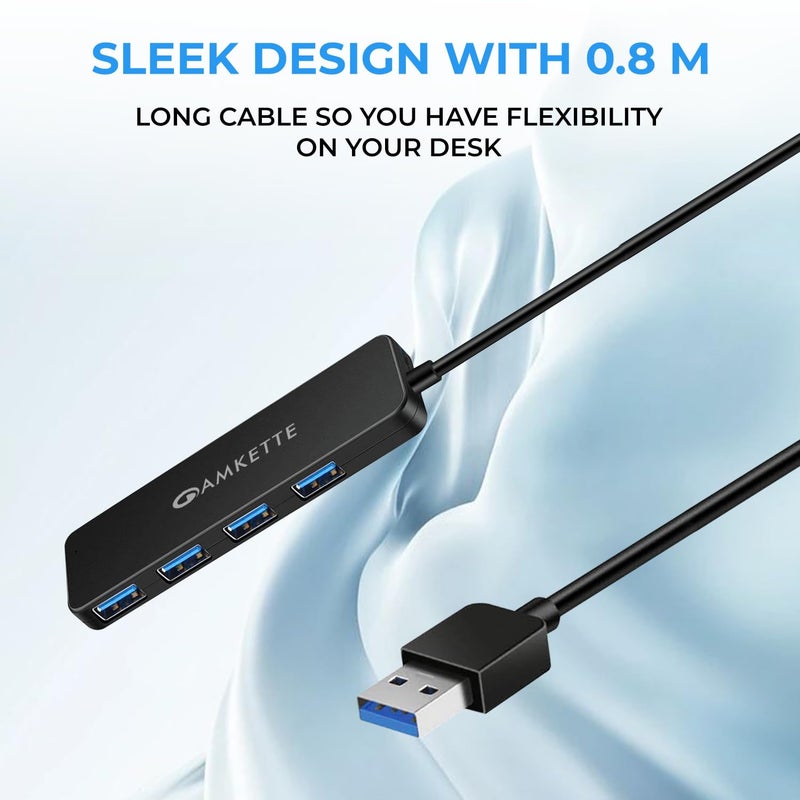Amkette محور USB فائق السرعة 4 منافذ 3.0 لأجهزة الكمبيوتر/اللاب توب، محور بيانات محمول مع نقل بيانات عالي السرعة يصل إلى 5 جيجابت في الثانية، وظيفة الشحن | قوي ومتين، منفذ طاقة وكابل بطول 80 سم (أسود) - Image 3