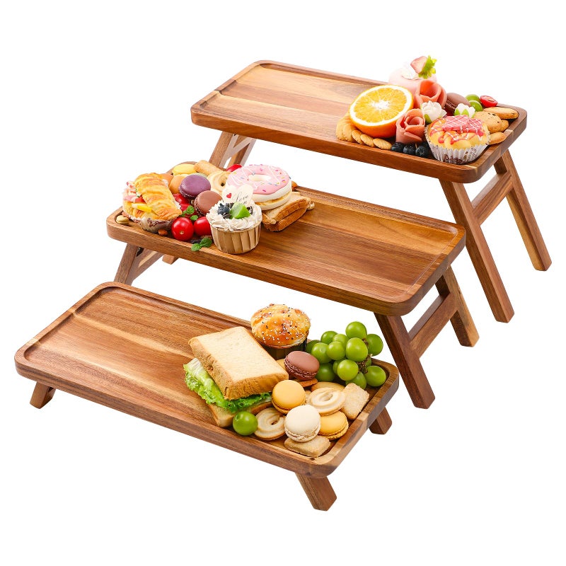 ECWAY 3 Tier Serving Tray 17 Inch Wooden Tiered Tray Stand Foldable Dessert Table Display Set Decor Charcuterie Boards Rustic Wood Platters Trays for Party Food Display - Image 1
