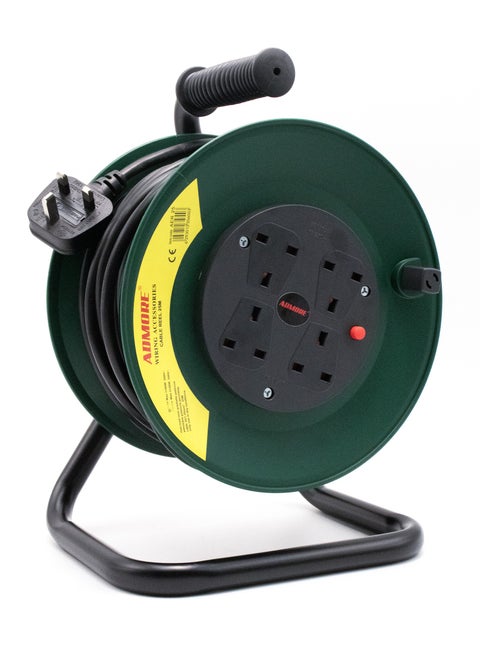 Four Socket Open Cable Reel Extension Lead with Winding Handle, Thermal Cut Out and Power Switch, 25 Metres High Visibility Cable, Green