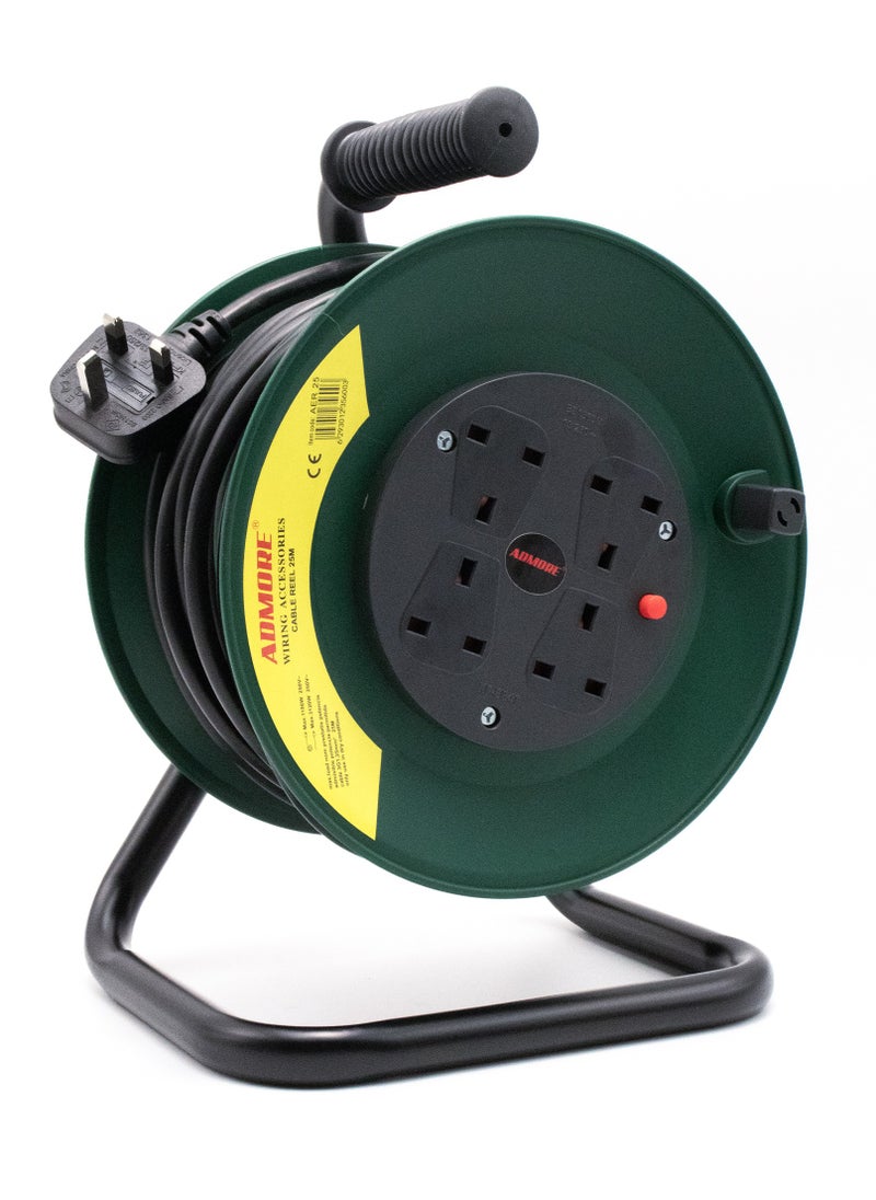 ADMORE Four Socket Open Cable Reel Extension Lead with Winding Handle, Thermal Cut Out and Power Switch, 25 Metres High Visibility Cable, Green  - Image 1