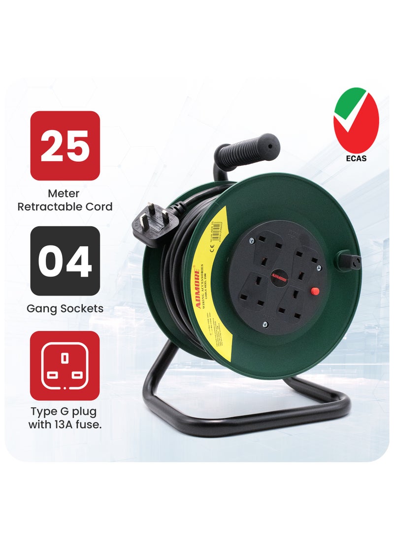 ADMORE Four Socket Open Cable Reel Extension Lead with Winding Handle, Thermal Cut Out and Power Switch, 25 Metres High Visibility Cable, Green  - Image 2