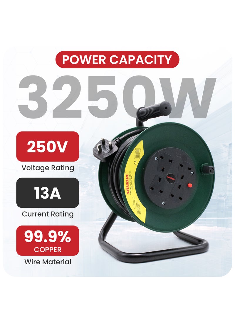 ADMORE Four Socket Open Cable Reel Extension Lead with Winding Handle, Thermal Cut Out and Power Switch, 25 Metres High Visibility Cable, Green  - Image 4