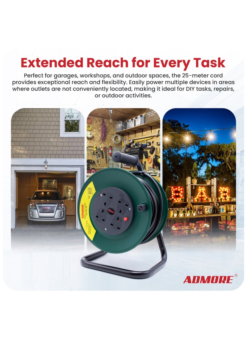 ADMORE - Four Socket Open Cable Reel Extension Lead with Winding Handle, Thermal Cut Out and Power Switch, 25 Metres High Visibility Cable, Green - Image 1