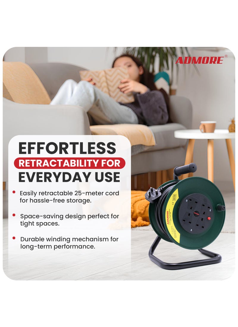ADMORE - Four Socket Open Cable Reel Extension Lead with Winding Handle, Thermal Cut Out and Power Switch, 25 Metres High Visibility Cable, Green - Image 1