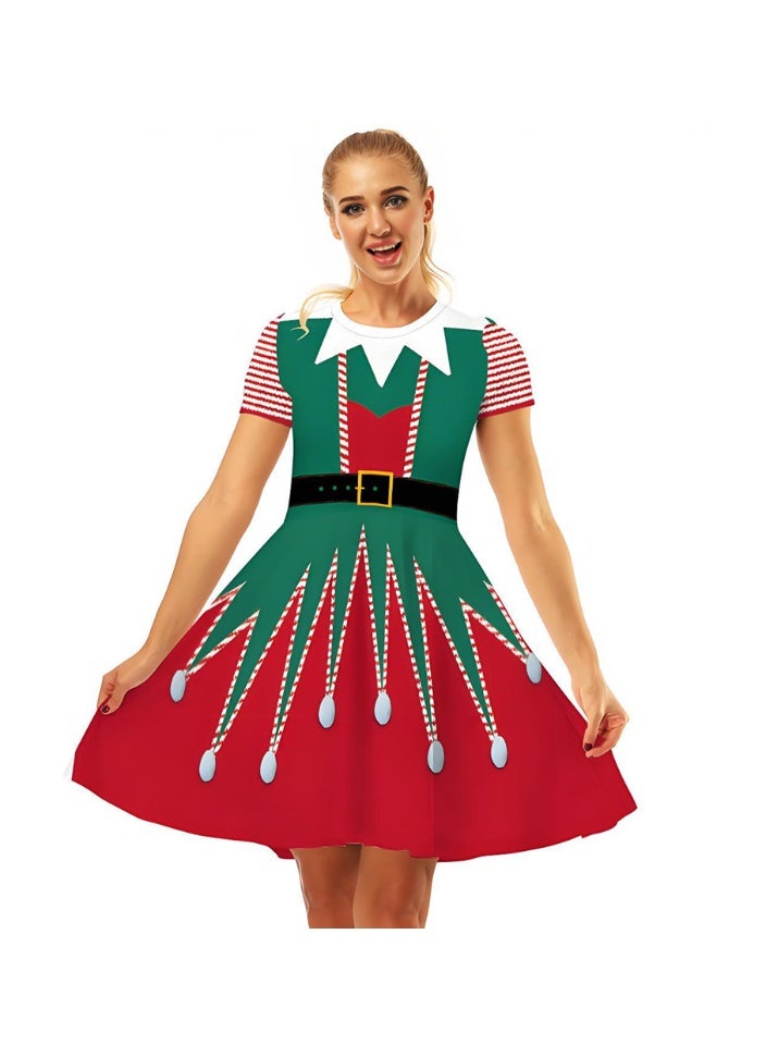 Loquat Women's Short Sleeve Printed Costume Dress Christmas Elements Dress - Image 1