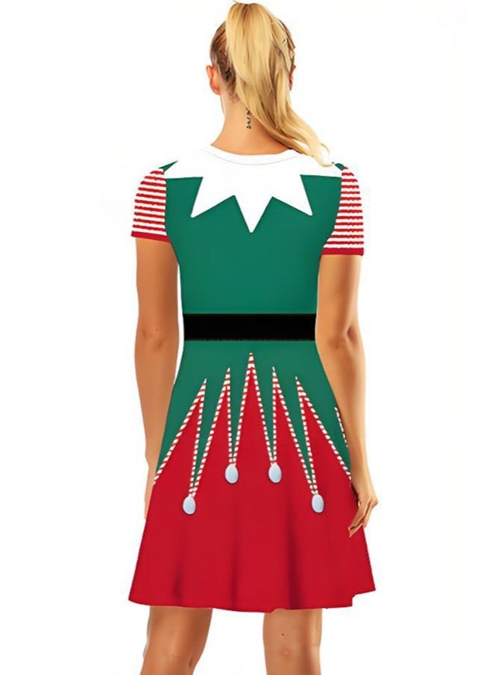 Loquat Women's Short Sleeve Printed Costume Dress Christmas Elements Dress - Image 2