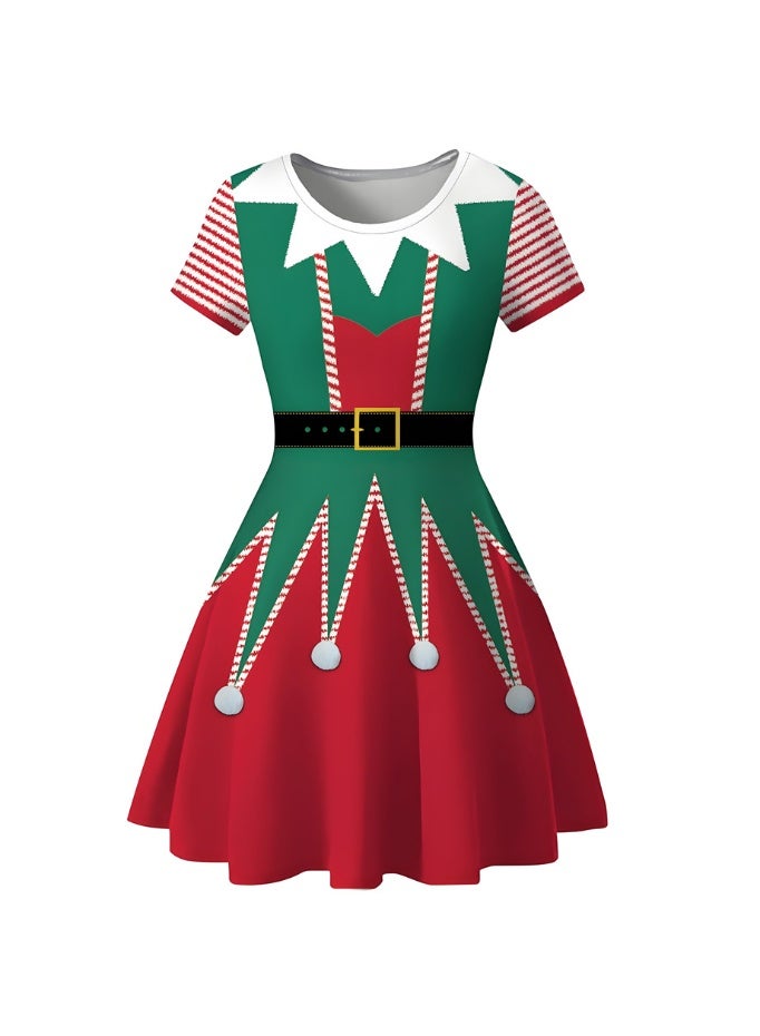Loquat Women's Short Sleeve Printed Costume Dress Christmas Elements Dress - Image 3