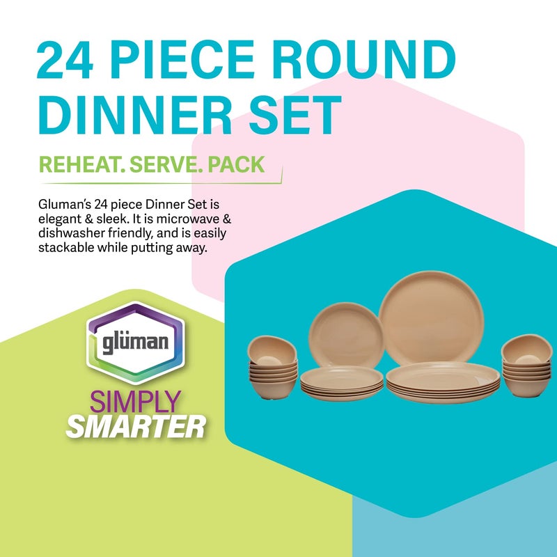 Gluman Round Plastic Dinner Set | Plastic Unbreakable Dinner Set | Big Plates Set of 6, Quarter Plates Set of 6 & 12 Pieces Katori | 100% Food Grade | Microwave, Dishwasher & Freezer Safe (Beige) - Image 2
