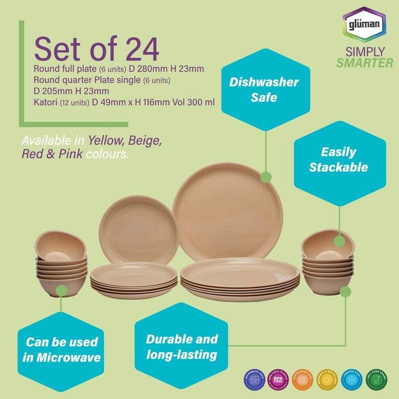 Gluman Round Plastic Dinner Set | Plastic Unbreakable Dinner Set | Big Plates Set of 6, Quarter Plates Set of 6 & 12 Pieces Katori | 100% Food Grade | Microwave, Dishwasher & Freezer Safe (Beige) - Image 3