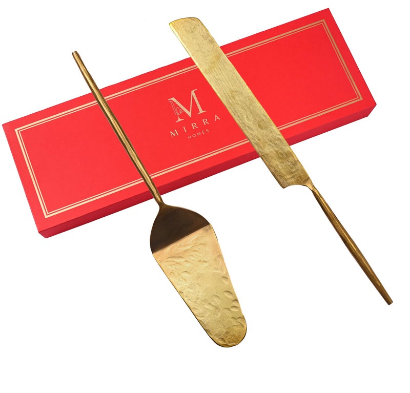 Mirra Sapphire Collection - Cake Server & Knives Set of 2 with Luxurious Gift Box (Gold) - Image 1