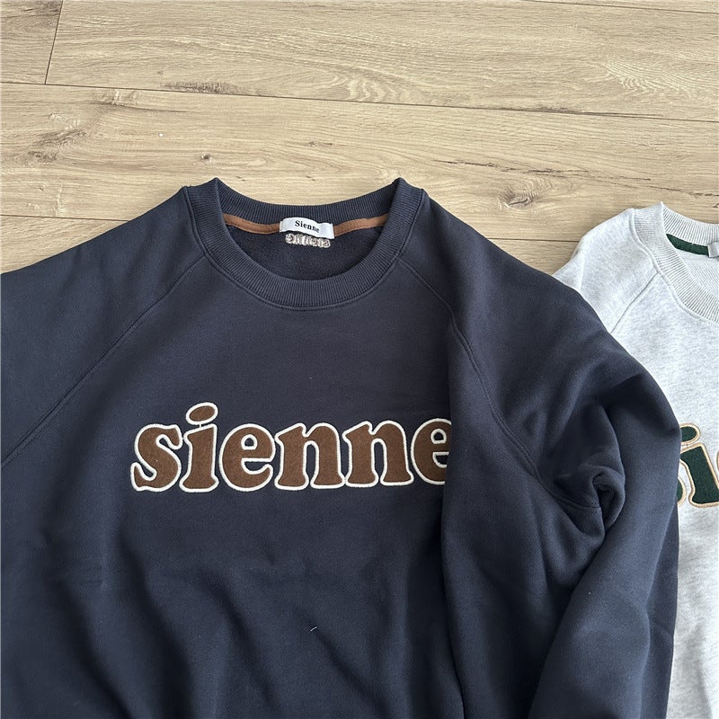 Dongdaemun Korean Sienne Autumn Embroidered Letters Vintage Design Lazy Pullover All-match Round Neck Sweat Women Navy blue