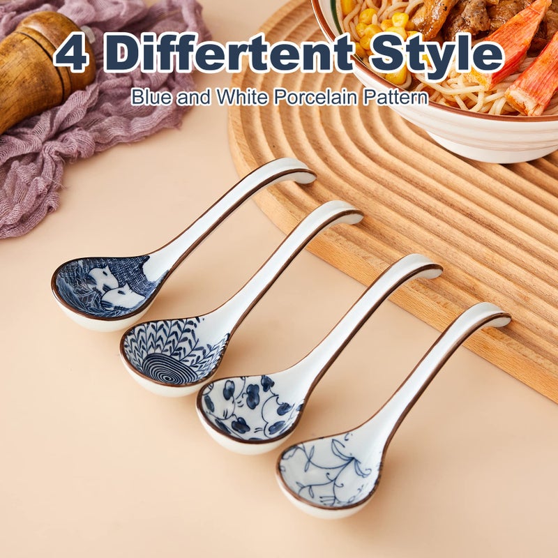 Hoilse Ceramic Soup Spoons  Asian Soup Spoon Japanese Ramen Spoons Long Handle Perfect Depth Spoon Set For Soup Dumpling  Pho  Noodles  Miso  Chinese Wonton  Dishwasher Safe- Set Of 4- Blue - Image 4