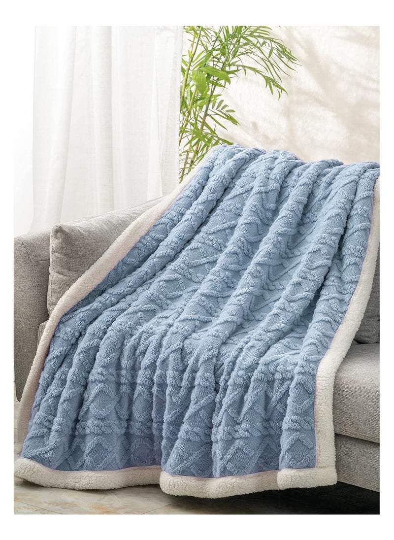 Fabienne Jacquard Sherpa Blanket Super King Size Faux Fur Bed Blanket 220x240cm Flannel Fleece Reversible Blanket Double Size Warm and Plush Throw Blanket Blue Grey  - Image 4