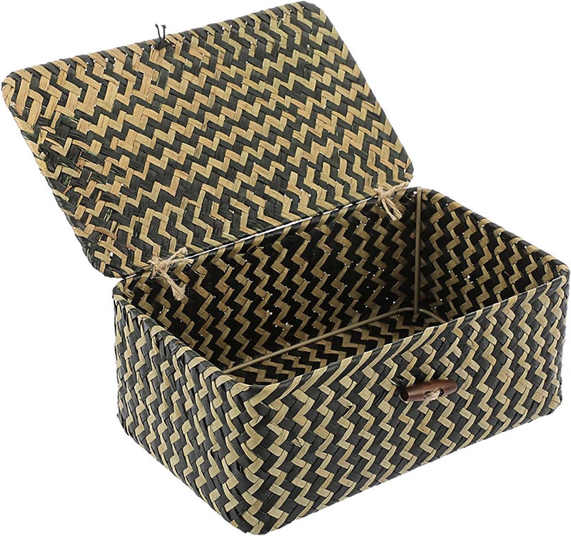 Hipiwe Seagrass Storage Baskets with Lid Woven Wicker Storage Bins for Organizing Natural Rectangular Home Organizer for Bedside Living Room Entryway Table,10.2" x 6.3" x 3.9" - Image 1