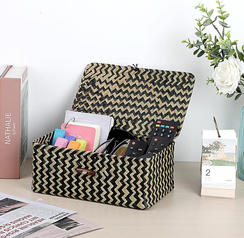 Hipiwe Seagrass Storage Baskets with Lid Woven Wicker Storage Bins for Organizing Natural Rectangular Home Organizer for Bedside Living Room Entryway Table,10.2" x 6.3" x 3.9" - Image 3