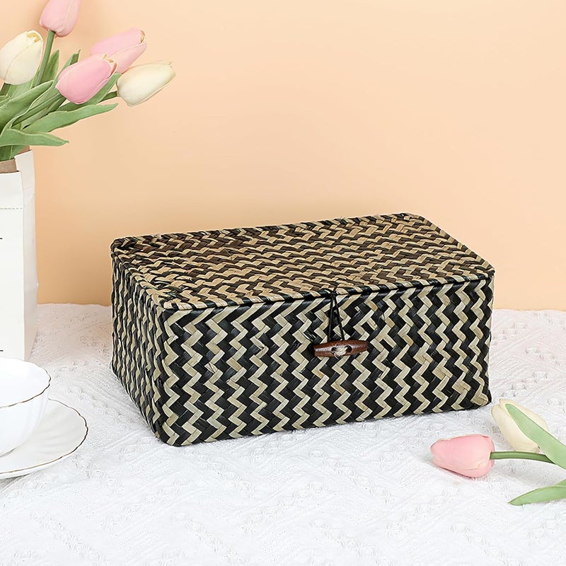 Hipiwe Seagrass Storage Baskets with Lid Woven Wicker Storage Bins for Organizing Natural Rectangular Home Organizer for Bedside Living Room Entryway Table,10.2" x 6.3" x 3.9" - Image 2