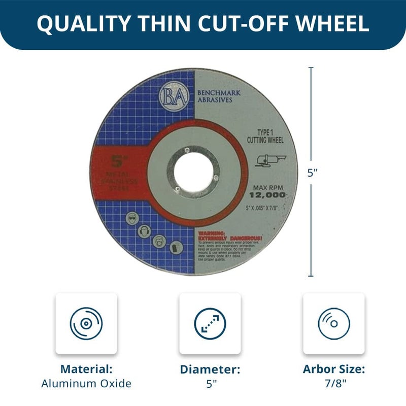 Benchmark Abrasives عجلات قطع طحن رقيقة من أكسيد الألمنيوم بقطر 5 بوصات من بنشمارك أبرسيفز لقطع المعادن والفولاذ المقاوم للصدأ بسماكة .045 بوصة وفتحة 7/8 بوصة، قرص قطع طاحونة الزاوية، عجلة طحن - عبوة 50 - Image 4
