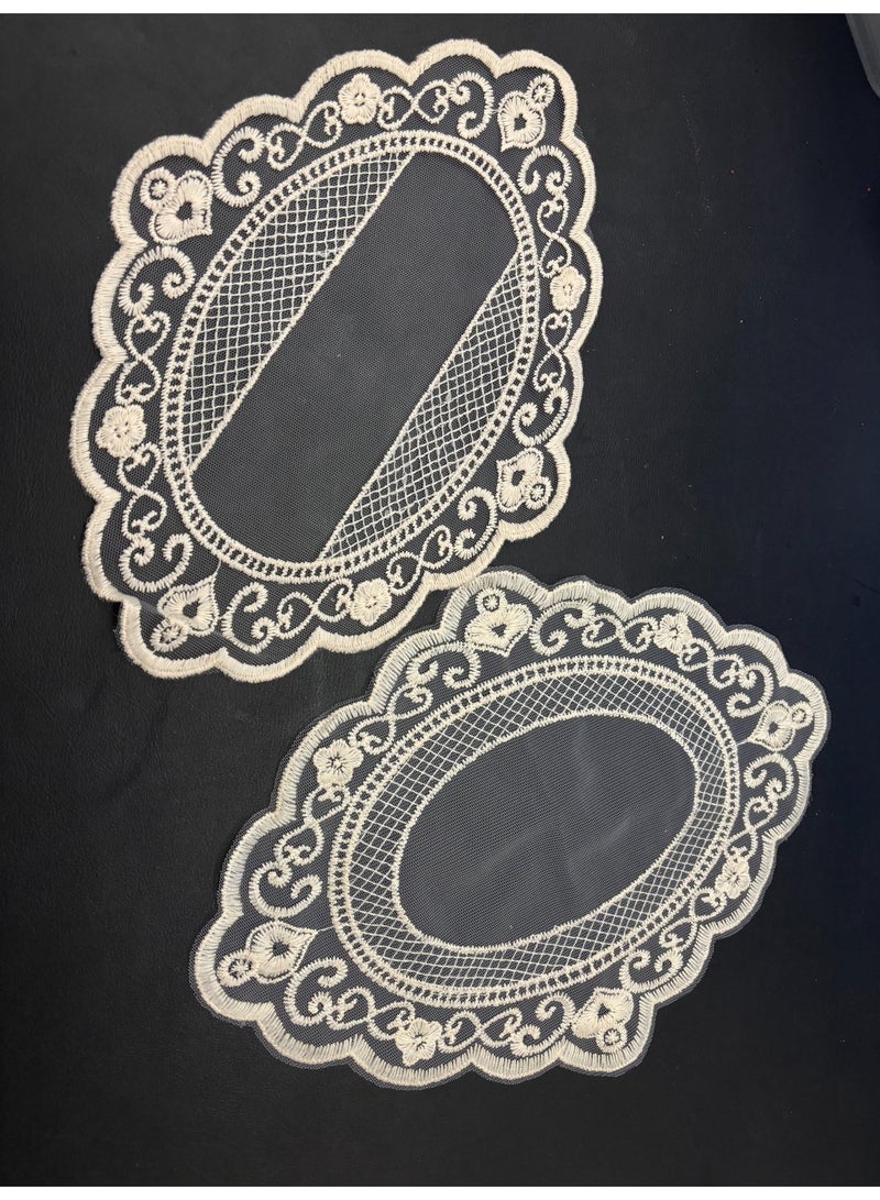 YOLOLAND 2 Pack Retro French Style Lace Placemats, Fashionable Embroidered Coasters Cup/Vase mat （32.5*22.5cm+30.5*21.5cm,Beige） - Image 1