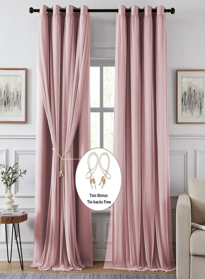 Swandream 100% Blackout Curtains for Bedroom, Double Layer Pink Curtains, Black Out Curtain 108 inch Long with Sheer Overlay for Living Room, Room Darkening Window Drapes with Grommet, 52" W x 108" L - Image 2
