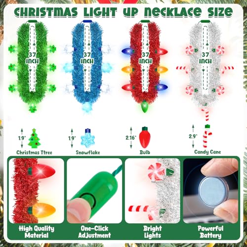 Traplace 4PCS Christmas Lights Necklace 3 Modes LED Christmas Party Favors 7 Bulbs Color Stripes Snowflakes Bell Tree Candy Cane Xmas Light Up Necklace for Ugly Sweater Party New Year Decorative - Image 5