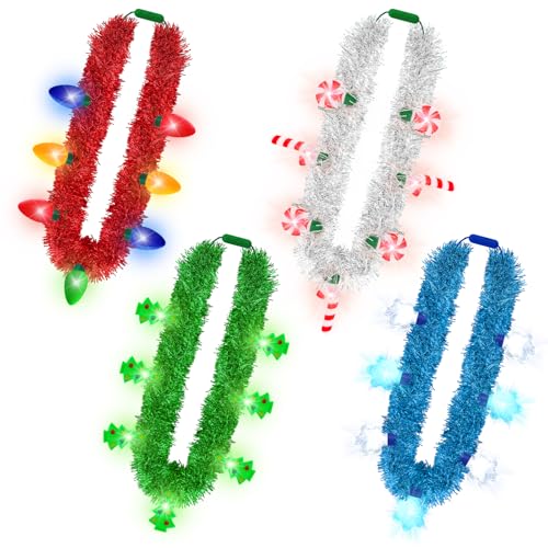 Traplace 4PCS Christmas Lights Necklace 3 Modes LED Christmas Party Favors 7 Bulbs Color Stripes Snowflakes Bell Tree Candy Cane Xmas Light Up Necklace for Ugly Sweater Party New Year Decorative - Image 1