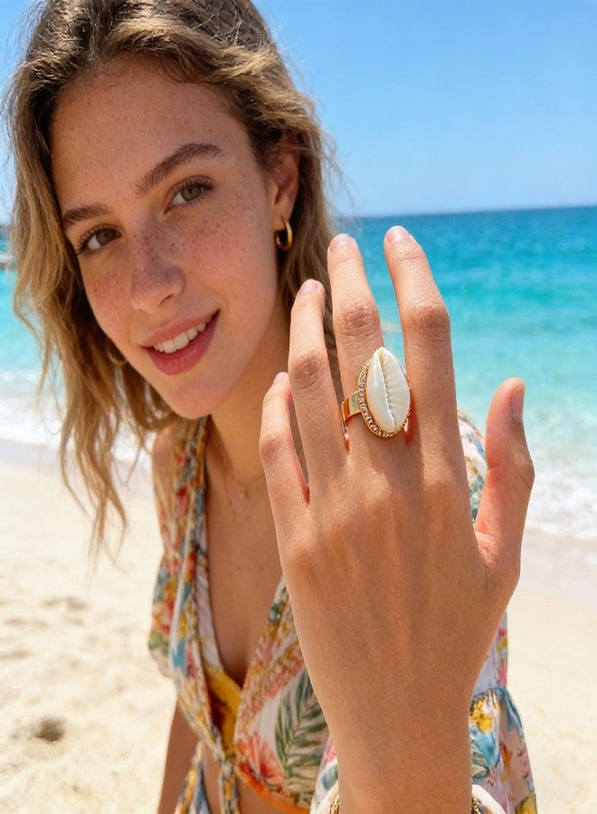 GLMOCM Shell Ring for Women Gold Cowrie Shell Ring Adjustable Boho Seashell Beach Rings for Women Summer Ocean Gifts (Gold A) - Image 3