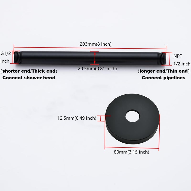 Random Shower Arm with Flange,8 Inches Ceiling Mount Shower Head Extension Arm Straight Arm Ceiling-Mounted For Fixed Shower Head,Matte Black.RD91038-8MB - Image 4