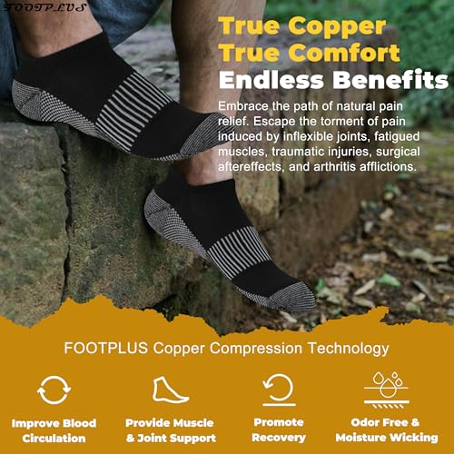 FOOTPLUS Copper Compression Tennis Socks,Men Women Boys Girls Low Cut Cushioned Running Golf Moisture Wicking Marathon Jogging No Stinky Feet Travel Work Socks for,3 Pairs Black, Medium - Image 2
