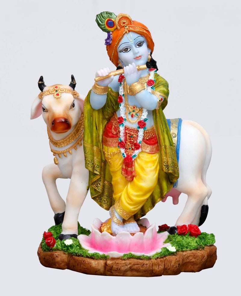 SrI Krishna CULTURE SrI Krishna CULTUREBig Beautiful Standing Krishna Playing Flute Besides Cow for Home DecorationHeight95 InchesMulticoluredResin 