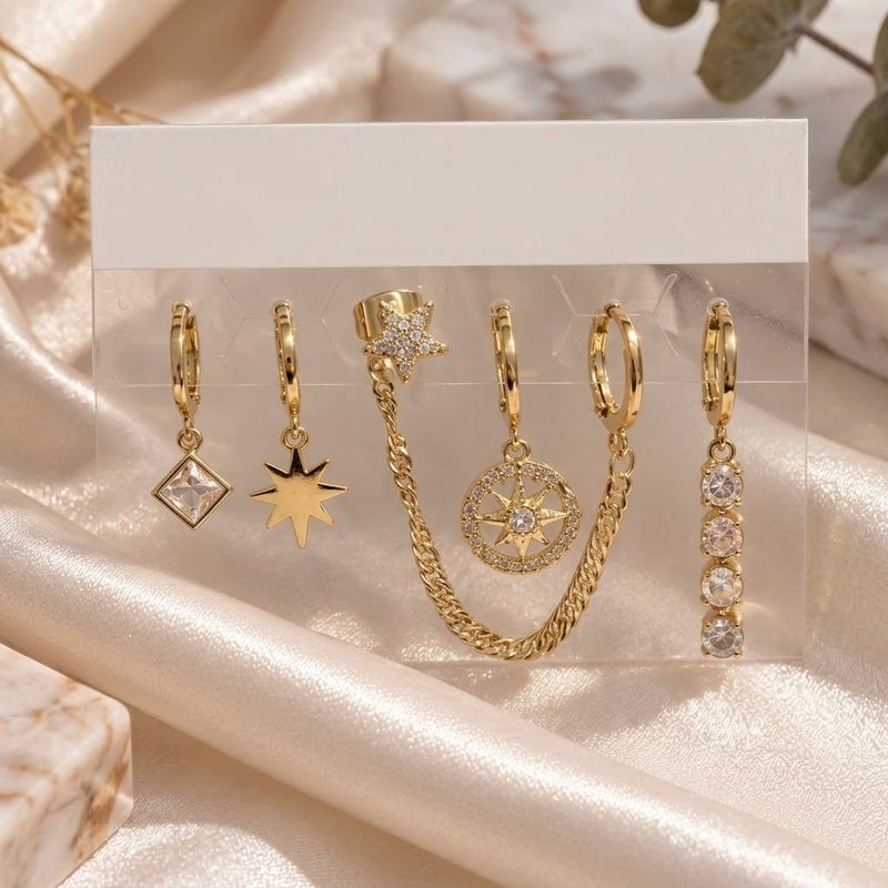 Women's 6-Piece Gold-Plated Hoop Earrings Set with Clear Stones, Star and Chain Charms - Image 3