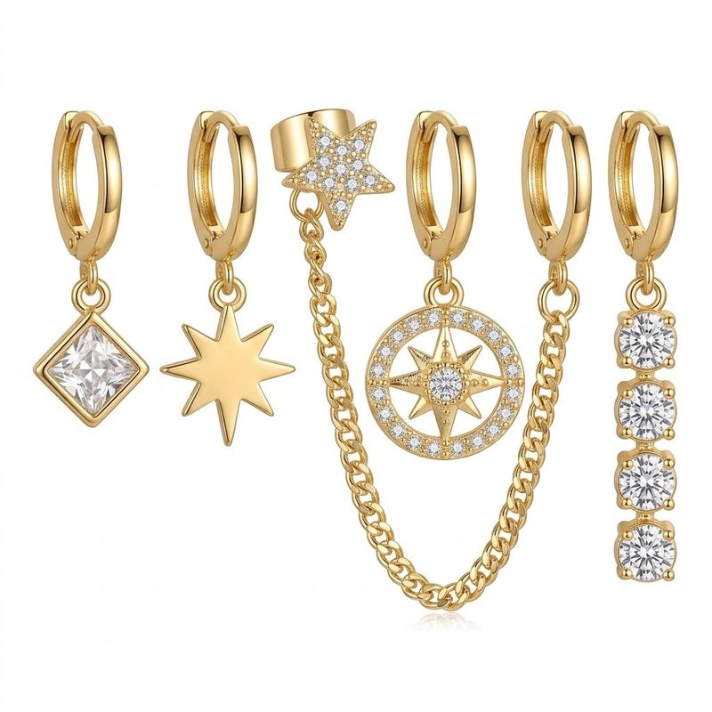 Women's 6-Piece Gold-Plated Hoop Earrings Set with Clear Stones, Star and Chain Charms - Image 1