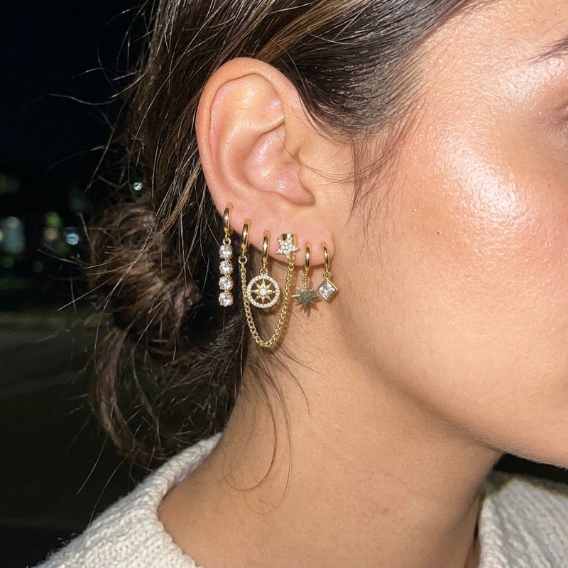 Women's 6-Piece Gold-Plated Hoop Earrings Set with Clear Stones, Star and Chain Charms - Image 5