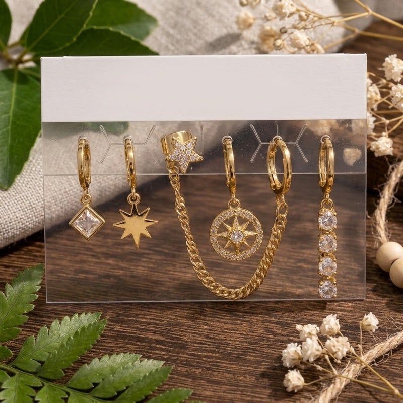Women's 6-Piece Gold-Plated Hoop Earrings Set with Clear Stones, Star and Chain Charms - Image 4