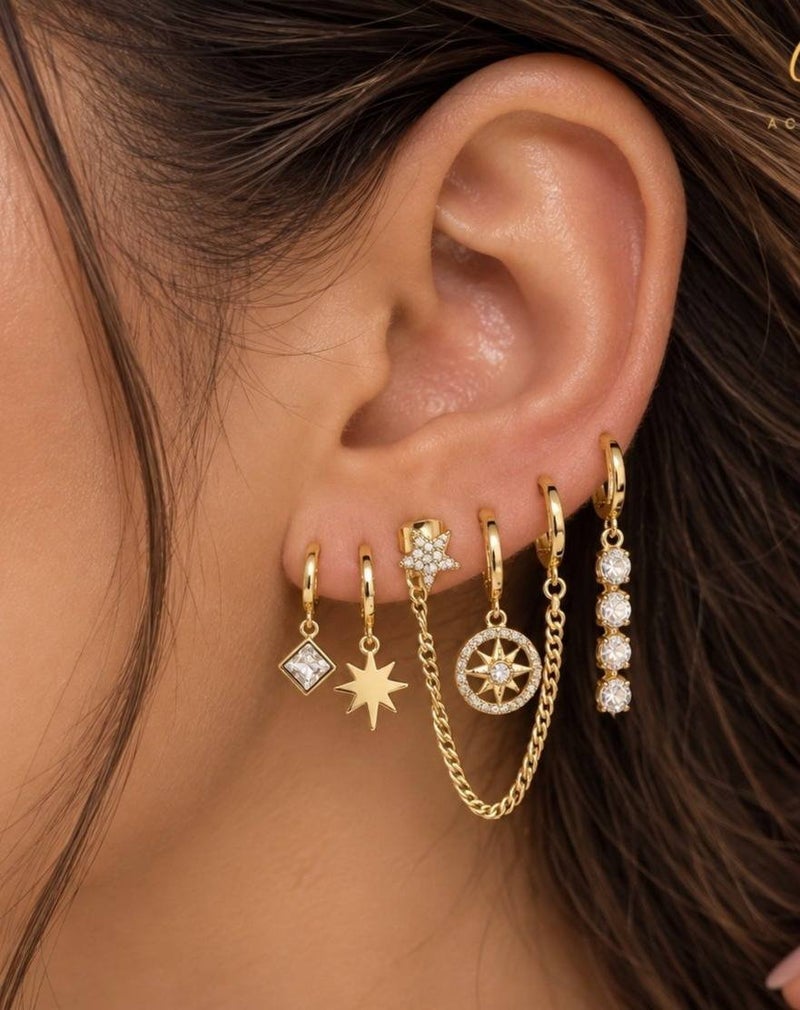 Women's 6-Piece Gold-Plated Hoop Earrings Set with Clear Stones, Star and Chain Charms - Image 2