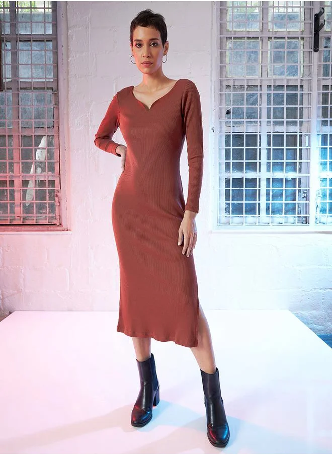 SASSAFRAS Ribbed Sweetheart Neck Midi Dress with Side Slit by Styli