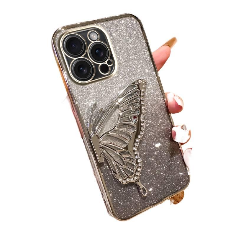 غطاء واقي بTPU باللون Silver من مادة TPU لـ iPhone 14 / 14 Plus / 14 Pro / 14 Pro Max مع لمعان مطلي بالكهرباء وترصيع الماس مع الرمال المتحركة مع نقشة الفراشة سهل التخزين للهدايا - Image 1