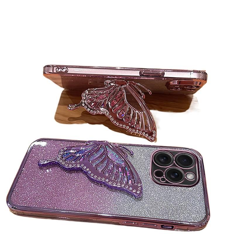 غطاء واقي بTPU باللون Silver من مادة TPU لـ iPhone 14 / 14 Plus / 14 Pro / 14 Pro Max مع لمعان مطلي بالكهرباء وترصيع الماس مع الرمال المتحركة مع نقشة الفراشة سهل التخزين للهدايا - Image 4
