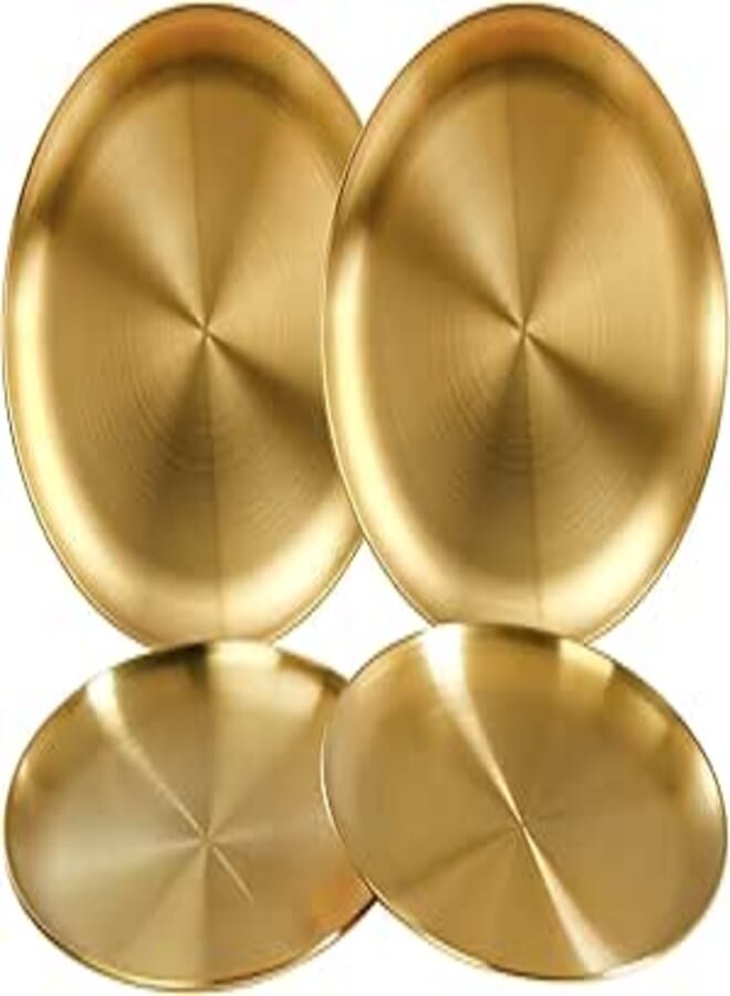 TOPZEA 4 Pack Stainless Steel Dinner Plates, 9 Inch Gold Metal Salad Plates Reusable Kitchen Dinnerware Dessert Display Food Serving Plate Appetizer Dishes Platter for Restaurant, Camping