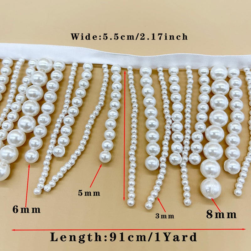 Laopottbeads 1 Yard Pearl Beaded Tassel Trim Fringe â€“ Hanging Faux Pearl Lace Ribbon for Dressmaking, Curtains, Lampshades & DIY Crafts - Image 3