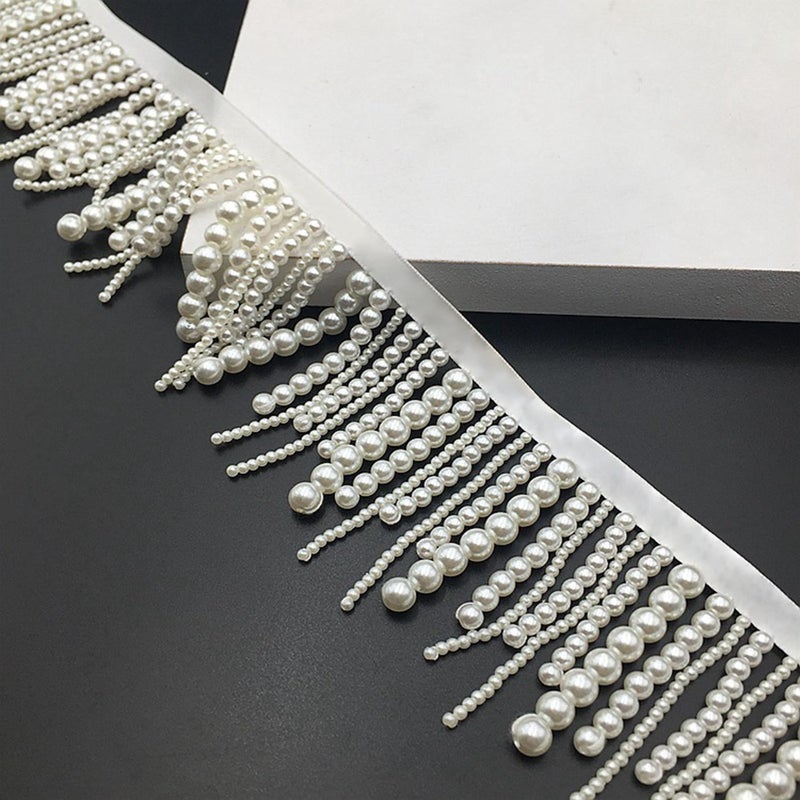 Laopottbeads 1 Yard Pearl Beaded Tassel Trim Fringe â€“ Hanging Faux Pearl Lace Ribbon for Dressmaking, Curtains, Lampshades & DIY Crafts - Image 2