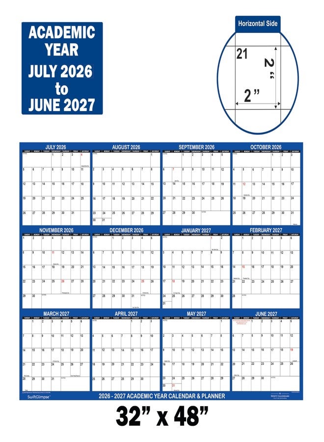 Swiftmaps 32x48 SwiftGlimpse 2026-2027 Academic Wall Calendar Dry Erase Erasable, XLarge, Wet & Dry Erase Laminated, JULY 2026 to JUNE 2027 ONLY - Image 2
